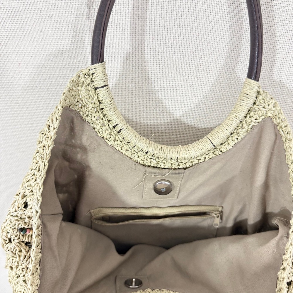 Vintage Mervyns 2003 Woven Straw Beaded Tote Bag Tan Boho Summer Handbag - Picture 2 of 5